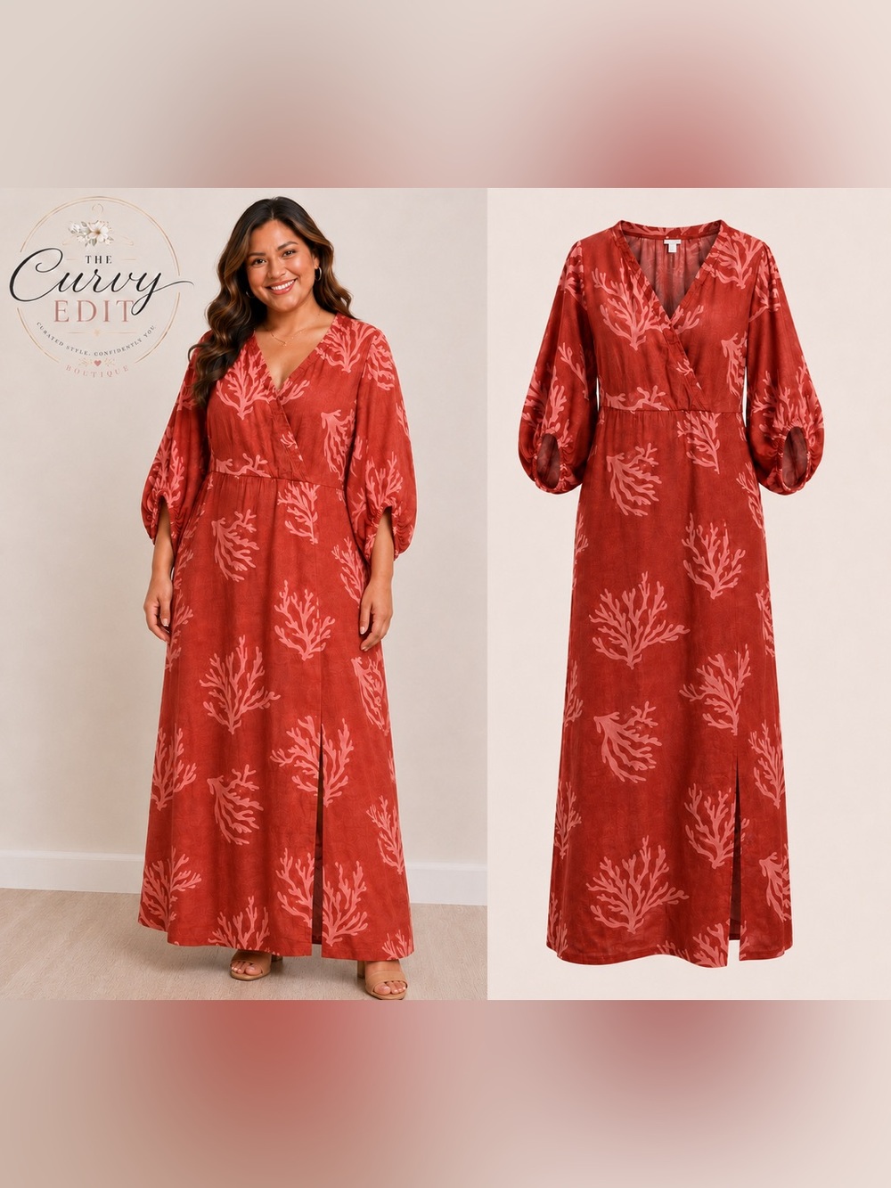 Ava & Viv Coral Reef Print Maxi Dress XXL Faux Wrap Bishop Sleeves Side Slit